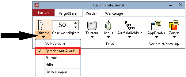 Zum Ansehen des Stimmenmenüs auf die untere Hälfte des Stimmenschalters klicken