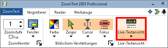 Abbildung der ZoomText-Benutzeroberfläche mit dem Schalter der Live-Textansicht.