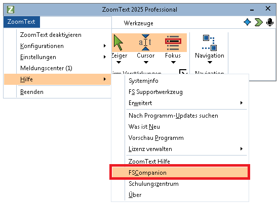 Der FSCompanion Eintrag im Hilfemenü.