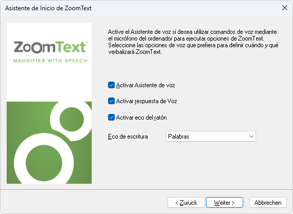 Nueva página de Opciones de voz del Asistente de inicio de ZoomText..