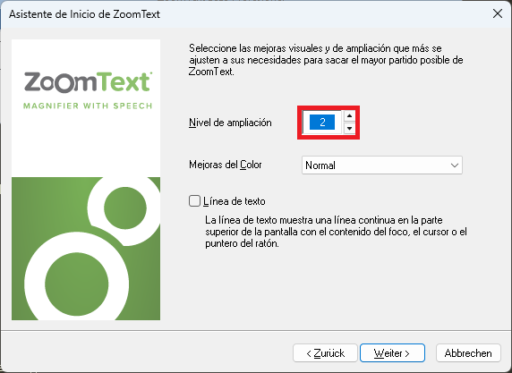 Nueva página de Mejoras visuales y de ampliación del Asistente de inicio de ZoomText.