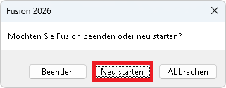 Der Fusion Beenden-Dialog mit gew&auml;hltem Neustart-Schalter.