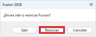 Diálogo Salir de Fusion con el botón Reiniciar seleccionado.