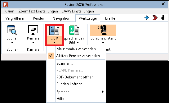 Der OCR-Schalter in der Werkzeug Symbolleiste von Fusion. Die untere Hälfte des Schalters ist ausgewählt und zeigt eine Ausklappliste mit verschiedenen OCR Optionen.