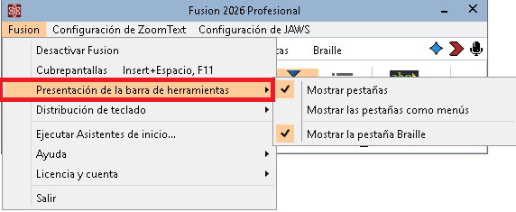 menú de la barra de heramientas de Fusion.