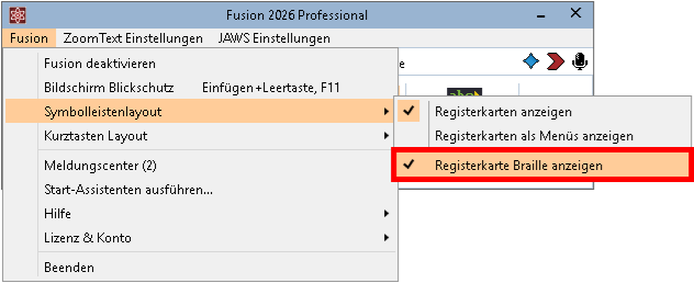 Fusion Vergrößerer Symbolleistenlayout Registerkarte Braille anzeigen.