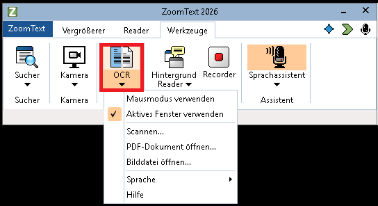 Der OCR-Schalter in der Werkzeug Symbolleiste von ZoomText. Die untere H&auml;lfte des Schalters ist ausgew&auml;hlt und zeigt eine Ausklappliste mit verschiedenen OCR Optionen. 