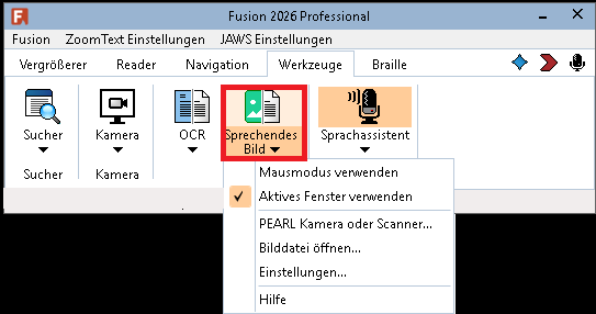 Der Schalter Sprechendes Bild auf der Registerkarte Werkzeuge. Die untere Hälfte des Schalters ist ausgewählt und zeigt eine Ausklappliste mit verschiedenen Sprechendes Bild Optionen.