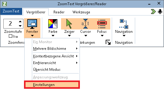Die ZoomText Benutzeroberfläche zeigt die Position des Menüelements Fenster-Einstellungen.