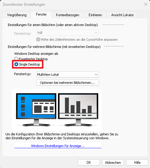 Die Registerkarte Fenster im Zoomfenster Einstellungsdialog zeigt die ausgewählte Einstellung Single Desktop.